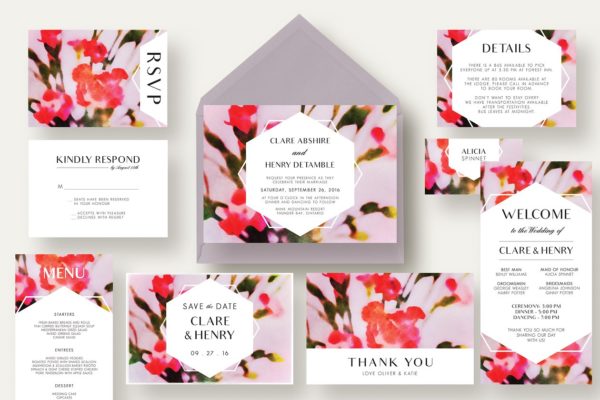 康乃馨婚礼邀请函制作设计套装 Carnation Flower Wedding Suite