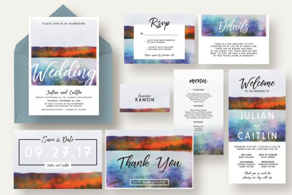 秋季湖泊婚礼邀请函制作套装 Autumn Lake Wedding Invitation Suite