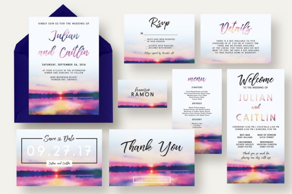 日落湖泊婚礼请柬套装 Sunset Lake Wedding Invitation Suite