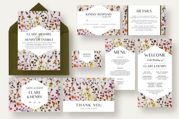优雅清新花卉藤蔓婚庆邀请函制作套装 Floral Vine Wedding Suite