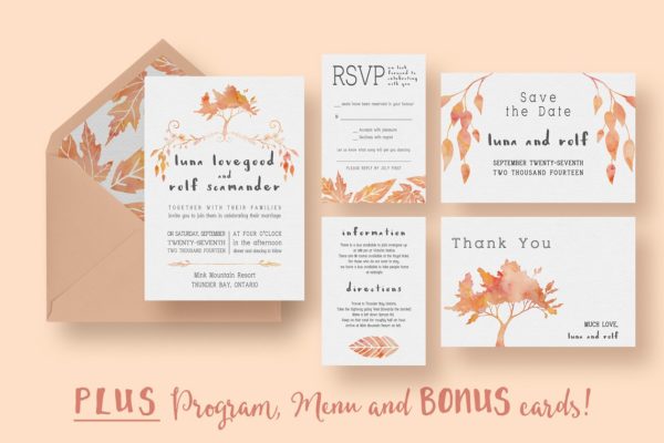 粉色水彩树木植物装饰婚礼邀请函制作套装 Watercolour Tree Wedding Suite