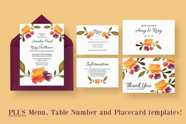 秋季水彩婚礼邀请函制作设计套装 Watercolour Fall Wedding Suite