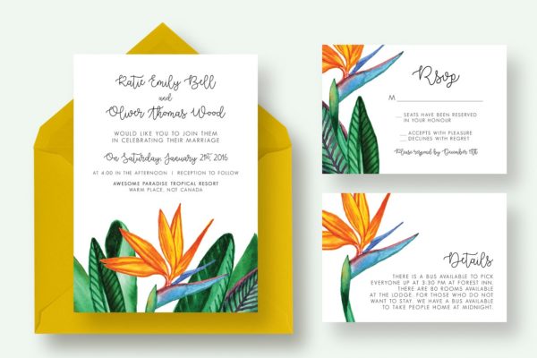 清新植物花卉婚礼邀请函制作套装 Bird Paradise Flower Wedding Suite
