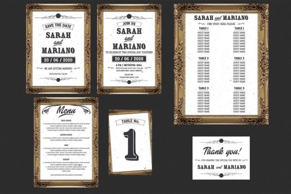 复古铜色边框婚礼邀请函制作模板 Frame Wedding Invitation Set