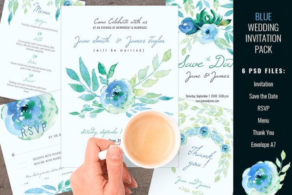 蓝色婚礼邀请函制作设计模板 Blue Wedding Invitation pack
