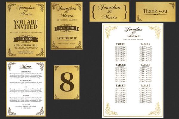 复古黄金色调婚礼邀请函制作模板套装 Gold Wedding Invitation Set