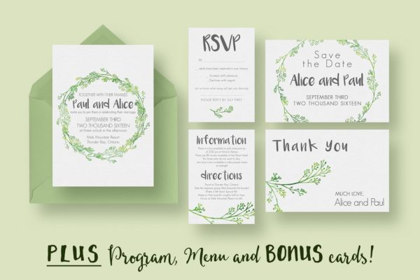 清新文艺的植物花边婚礼邀请函制作模板套装 Hip Wedding Invitation Suite