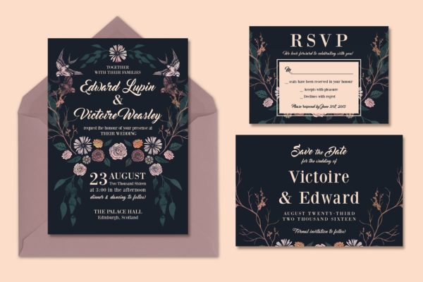 暗色调婚礼邀请函制作设计模板套装 Rich, Dark & Magical Wedding Suite