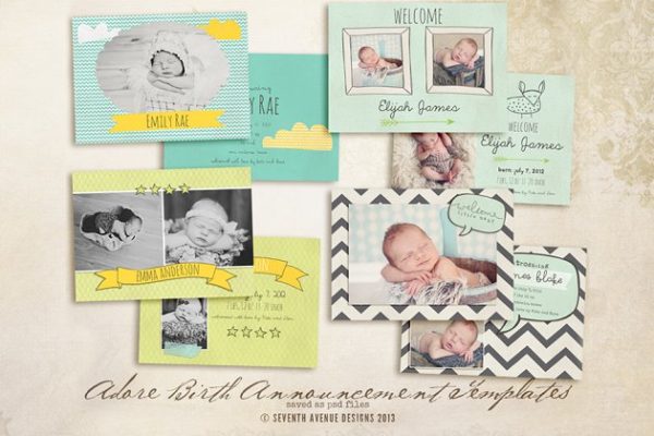 新生儿满月贺卡制作卡片模板 Adore Birth Announcement Cards