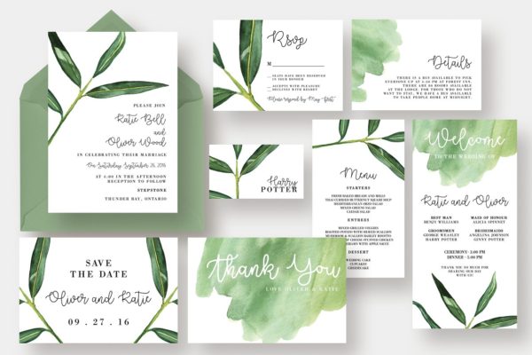 水彩叶子花边婚礼邀请函制作模板套装 Watercolor Leaf Wedding Suite