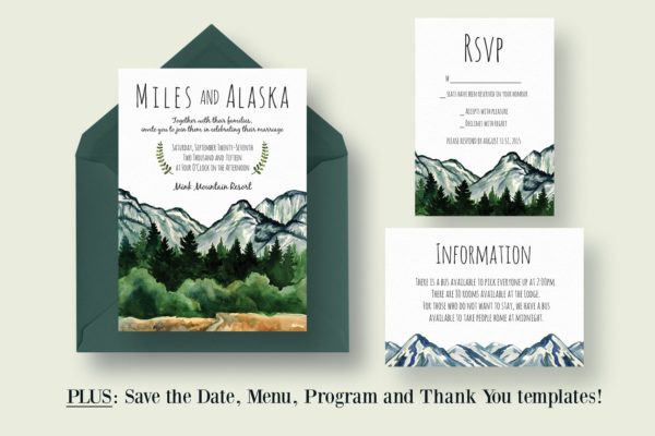山脉主题婚礼邀请函制作设计模板套装 Mountain Wedding Invitation Suite