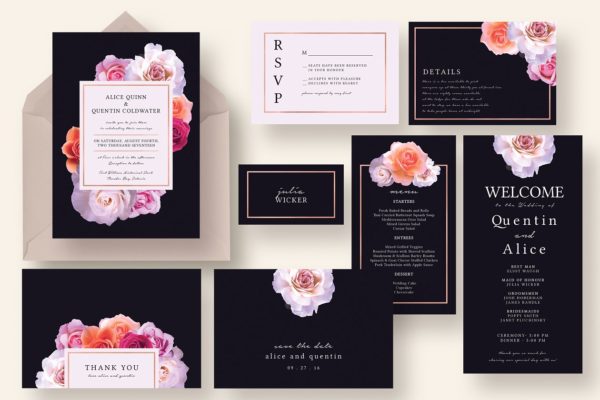 时尚暗色背景花卉婚礼请柬模板套装 Stylish Dark Floral Wedding Suite