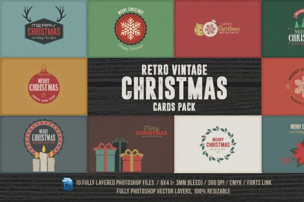 复古圣诞节日贺卡制作模板汇总 Retro/Vintage Christmas Cards Pack
