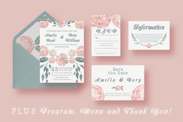 水彩植物花卉装饰结婚邀请函制作设计模板 Watercolour Wedding Suite