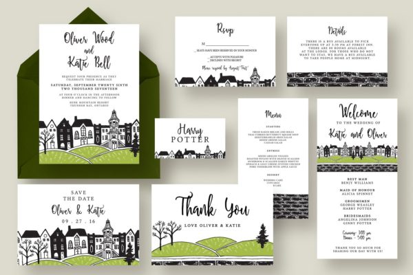 城镇婚礼邀请函制作设计模板套装 Town Wedding Invitation Suite