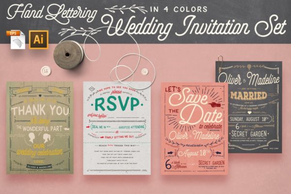 复古手写字邀请函制作/请帖设计模板套装 Vintage Hand Lettering Invitation Set