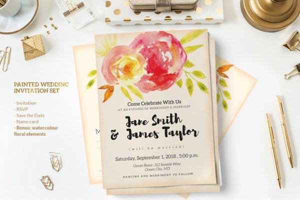手绘水彩花卉装饰婚礼邀请函制作设计套装 Painted Wedding Invitation Set