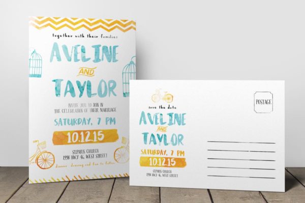 水彩元素明信片邀请函制作套装模板 Watercolor Postcard Invitation