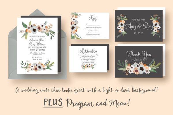 现代花卉婚礼邀请函制作模板套装 Modern Floral Wedding Suite