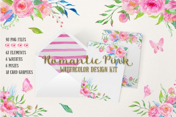 浪漫粉红色水彩插画设计素材汇总 Watercolor Design Kit Romantic Pink