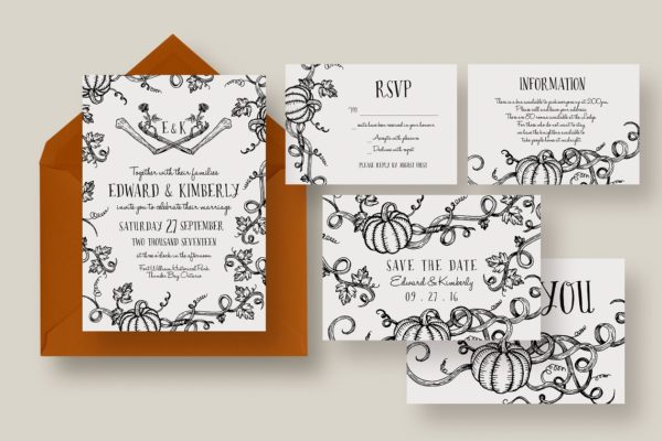 万圣节南瓜婚礼邀请函制作模板套装 Halloween Pumpkin Wedding Suite