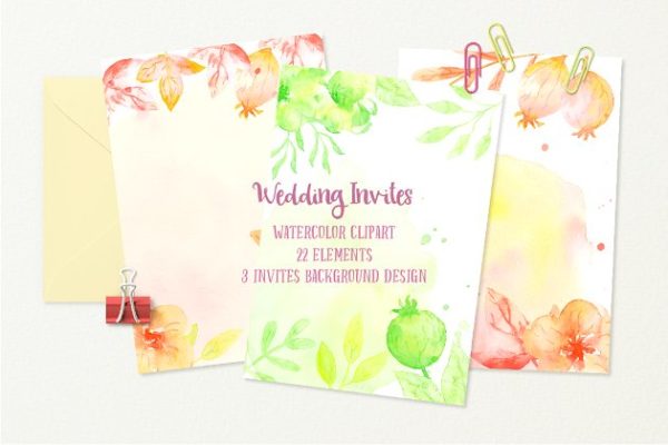 暖色调水彩婚礼请柬素材剪贴集 Watercolor Clipart Wedding Invites