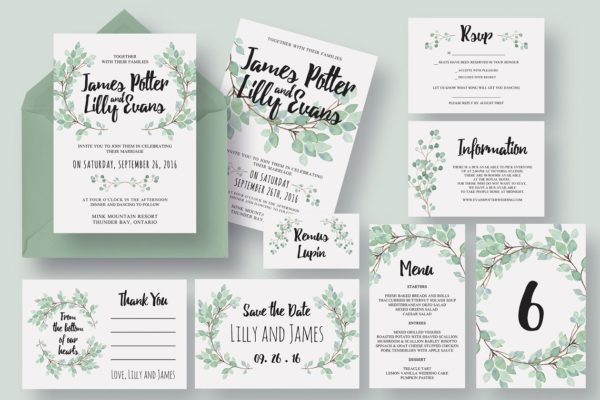 绿植装饰桉树婚礼邀请函制作模板 Eucalyptus Wedding Invitation Suite