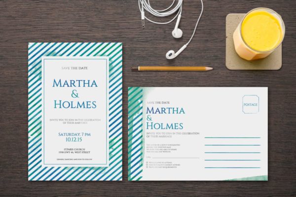 简约水彩线条风格婚礼邀请函制作设计模板 Watercolor Wedding Invitation