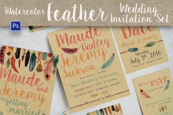 水彩羽毛婚礼邀请函制作设计PSD模板 Watercolor Feather Wedding Invitation