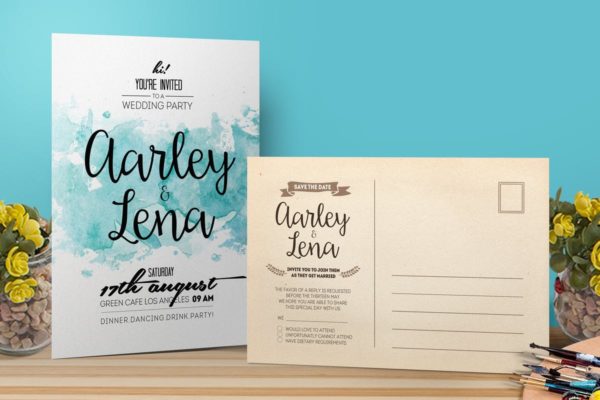 水彩元素婚礼邀请函制作设计模板 Watercolor Wedding Invitation