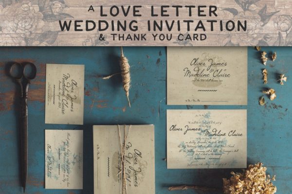 复古设计风格浪漫情书婚礼邀请函制作设计素材套装 Love Letter Wedding Invitation
