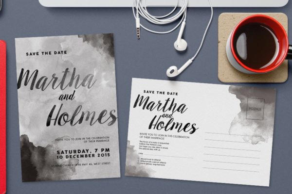 黑白水彩风格婚礼邀请函制作模板 Black & White Watercolor Invitation