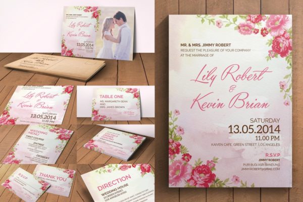 粉红色系水彩花卉婚礼邀请函制作设计套装模板 Flower Wedding Invitation Pack
