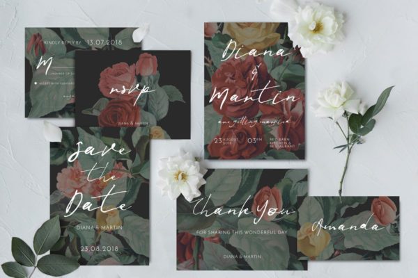 现代英式玫瑰插画婚礼邀请函制作设计模板套装 Modern English Garden Wedding Suite