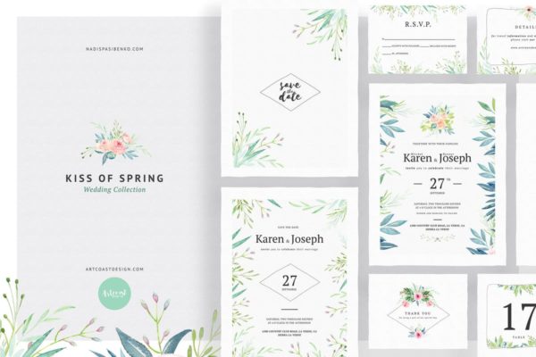 春天水彩植物插画婚礼邀请函制作设计套装 Kiss Of Spring Wedding Collection