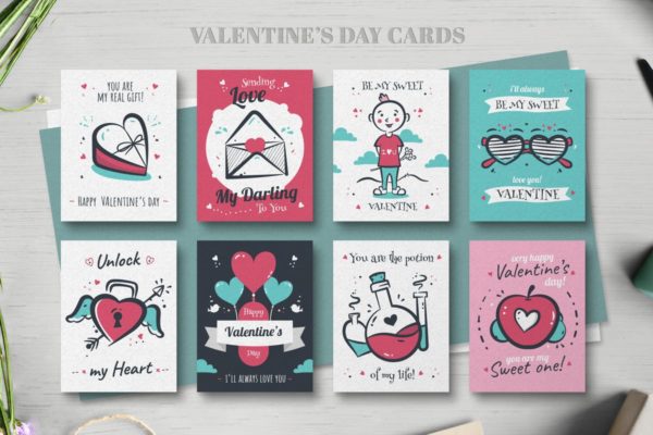 创意手绘情人节贺卡制作设计模板汇总 Valentines day card collection