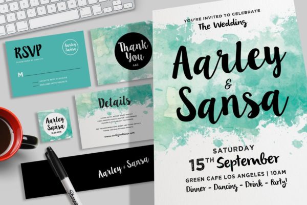 水彩风格婚礼婚宴邀请物设计素材集 Watercolor Wedding Invitation Set