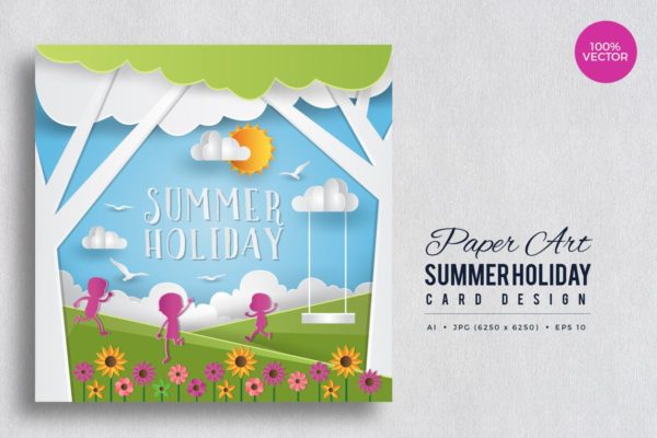 剪纸艺术夏日度假贺卡制作矢量模板v3 Paper Art Summer Holiday Vector Card Vol.3