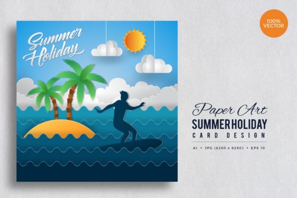 剪纸艺术夏日度假贺卡制作矢量模板v1 Paper Art Summer Holiday Vector Card Vol.1