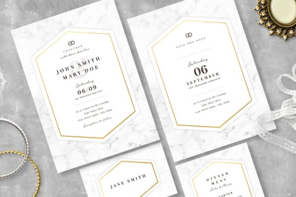 大理石背景婚礼邀请函制作设计模板 Marble Wedding Invitation Suite