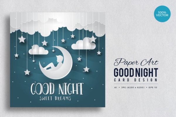 剪纸艺术晚安贺卡制作矢量模板v1 Paper Art Good Night Vector Card Vol.1
