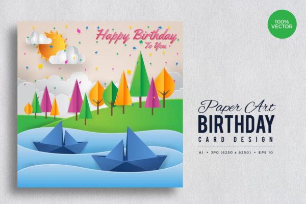 风景剪纸艺术创作生日贺卡制作矢量模板v1 Paper Art Happy Birthday Vector Card Vol.1