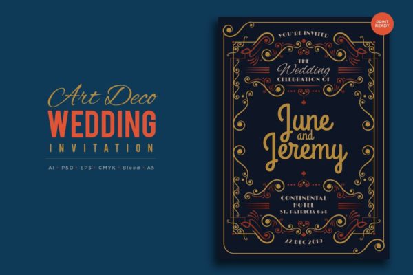 复古艺术婚礼邀请函制作PSD设计模板v8 Art Deco Wedding Invitation PSD And Vector Vol.8