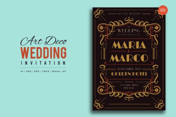 复古装饰风格婚礼婚宴邀请函制作PSD设计模板v7 Art Deco Wedding Invitation PSD And Vector Vol.7