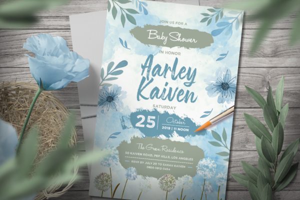 蓝色婴儿满月酒/百日宴邀请函制作设计模板 Blue Baby Shower Invitation