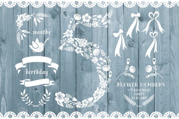 节日派对邀请卡鲜花装饰素材 Floral number five, card invite