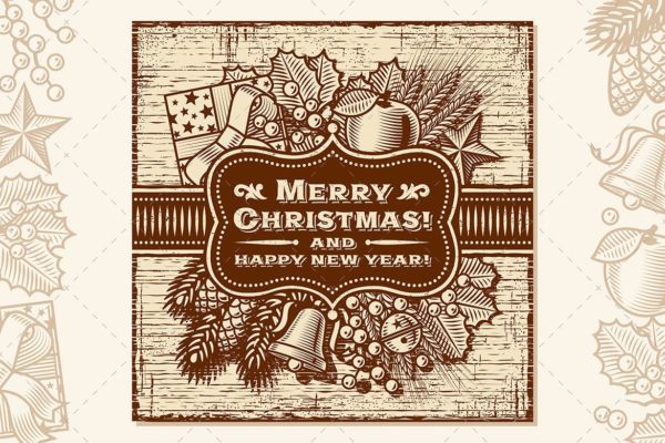 复古棕色圣诞快乐贺卡制作矢量设计模板 Merry Christmas Retro Card Brown