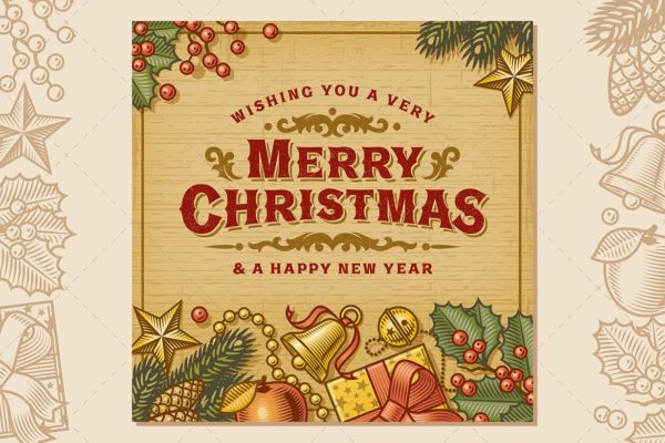 复古设计风格圣诞节主题贺卡制作矢量设计模板 Merry Christmas Vintage Card