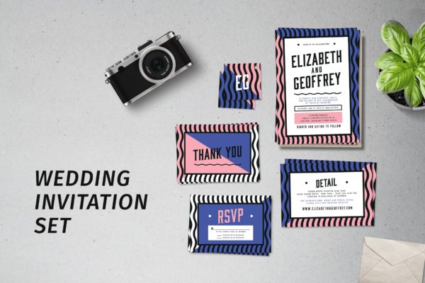 孟菲斯设计风格婚礼邀请函制作设计套装 Memphis Wedding Invitation Set