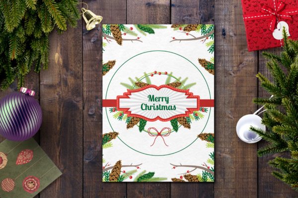 手绘松果装饰元素圣诞节贺卡制作设计模板 Christmas Card Template